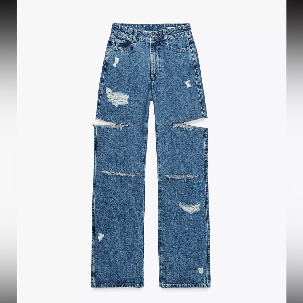 ZARA MID-RISE STRAIGHT CUT OUTS RIPPED JEANS